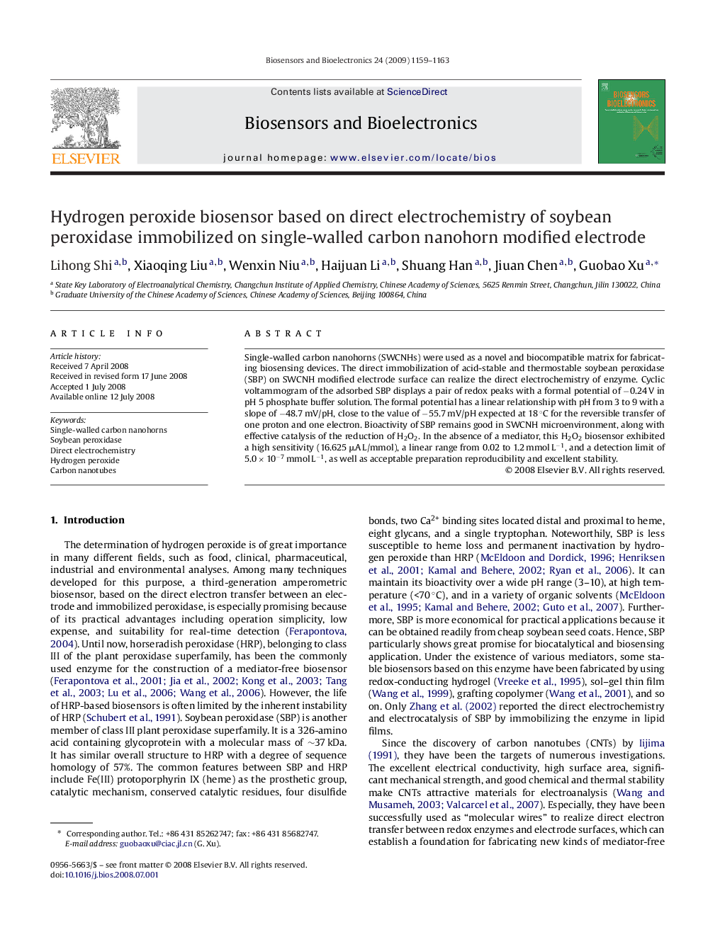 Hydrogen peroxide biosensor based on direct electrochemistry of soybean peroxidase immobilized on single-walled carbon nanohorn modified electrode