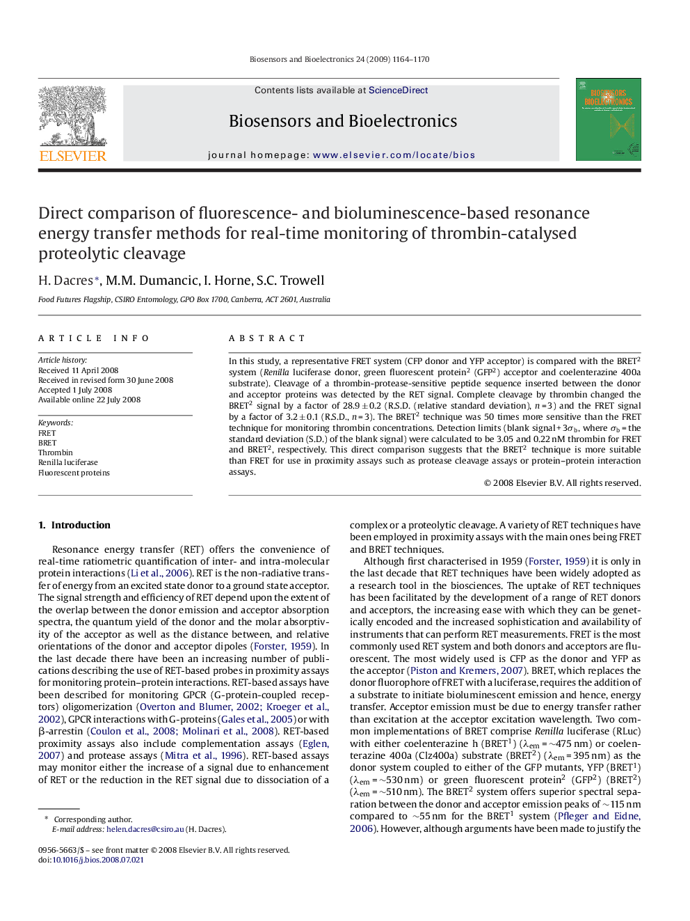 Direct comparison of fluorescence- and bioluminescence-based resonance energy transfer methods for real-time monitoring of thrombin-catalysed proteolytic cleavage