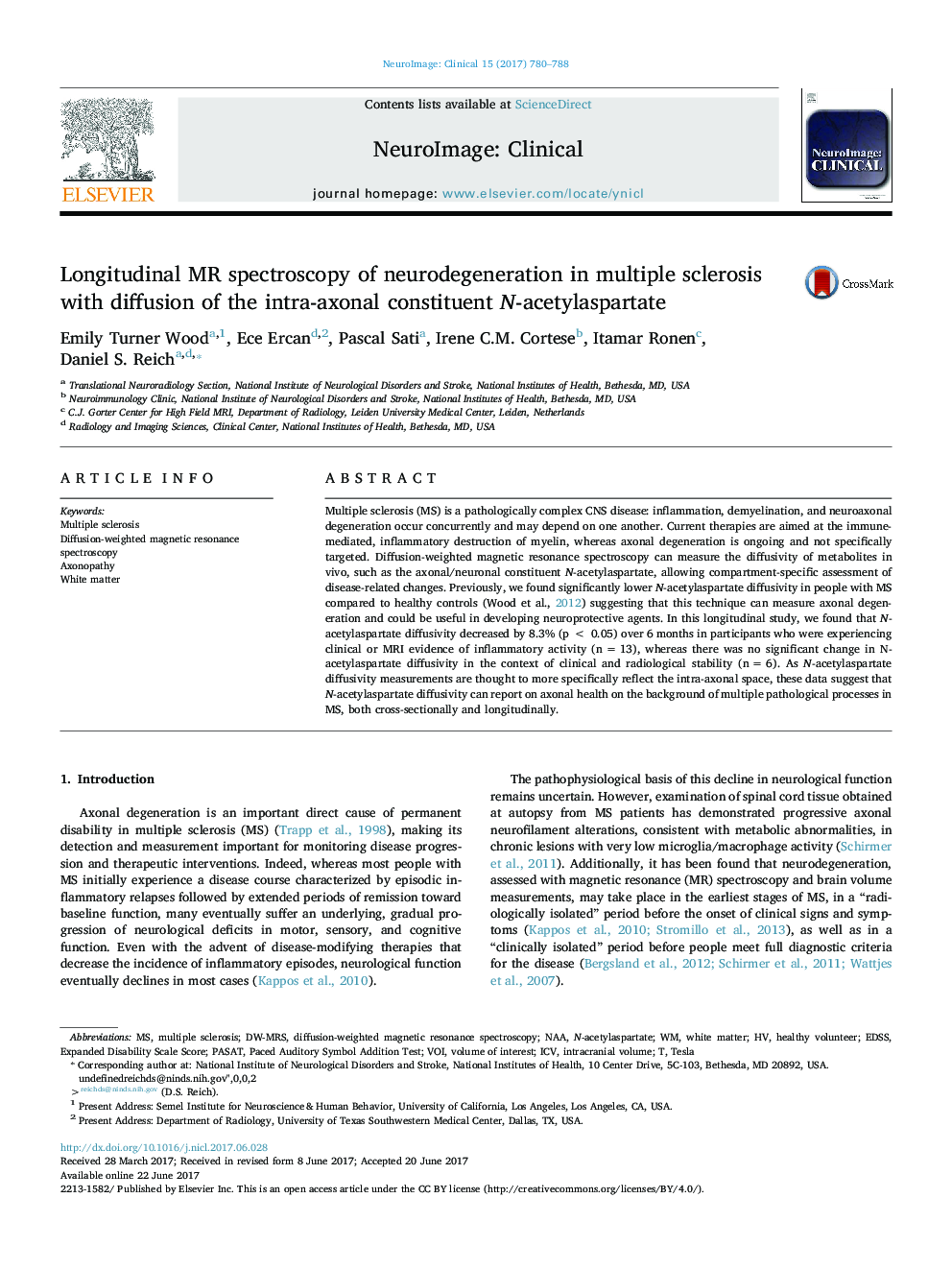 Longitudinal MR spectroscopy of neurodegeneration in multiple sclerosis with diffusion of the intra-axonal constituent N-acetylaspartate