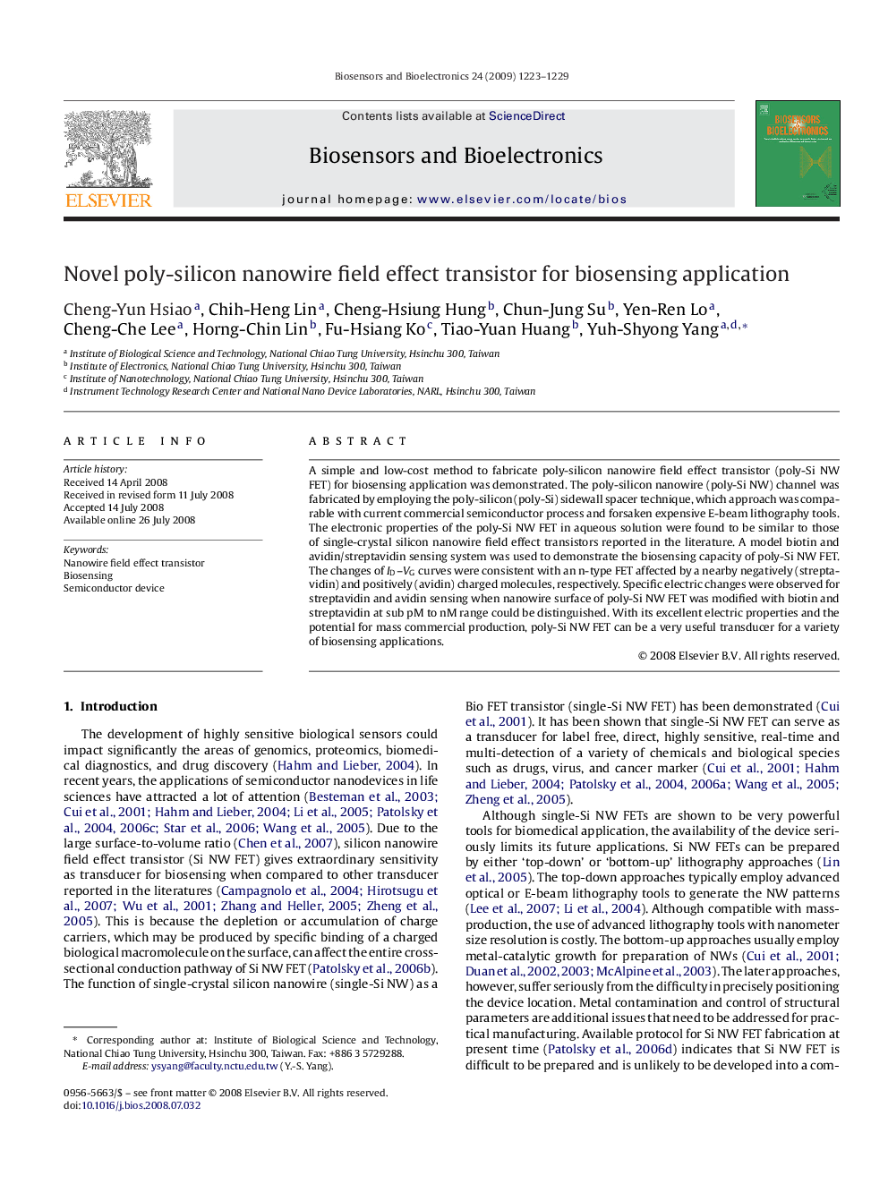 Novel poly-silicon nanowire field effect transistor for biosensing application