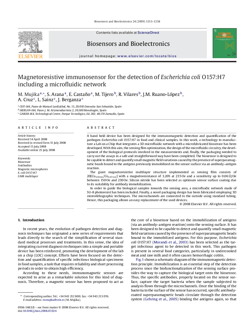 Magnetoresistive immunosensor for the detection of Escherichia coli O157:H7 including a microfluidic network