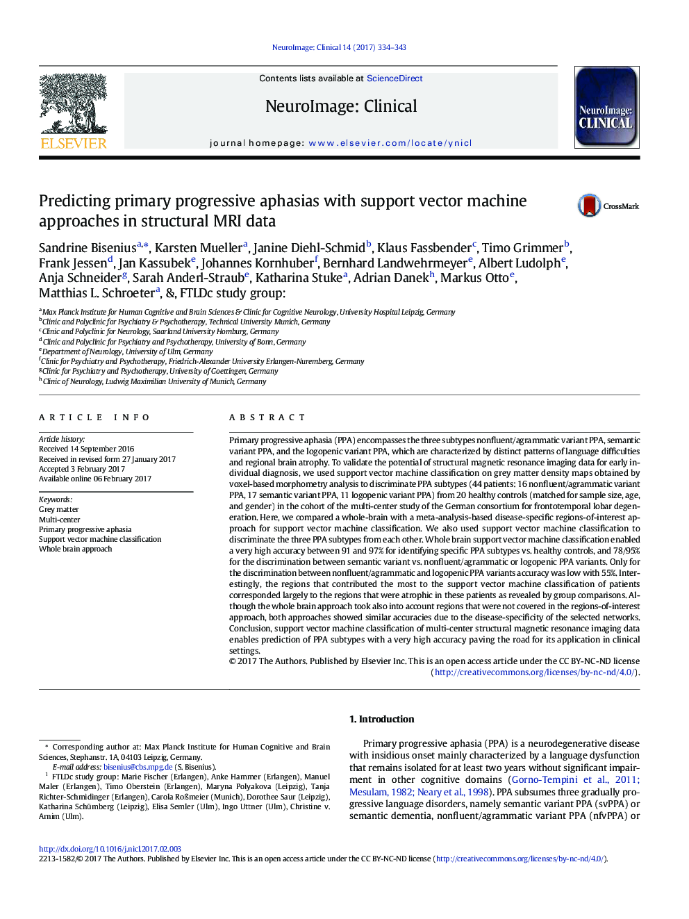 Predicting primary progressive aphasias with support vector machine approaches in structural MRI data