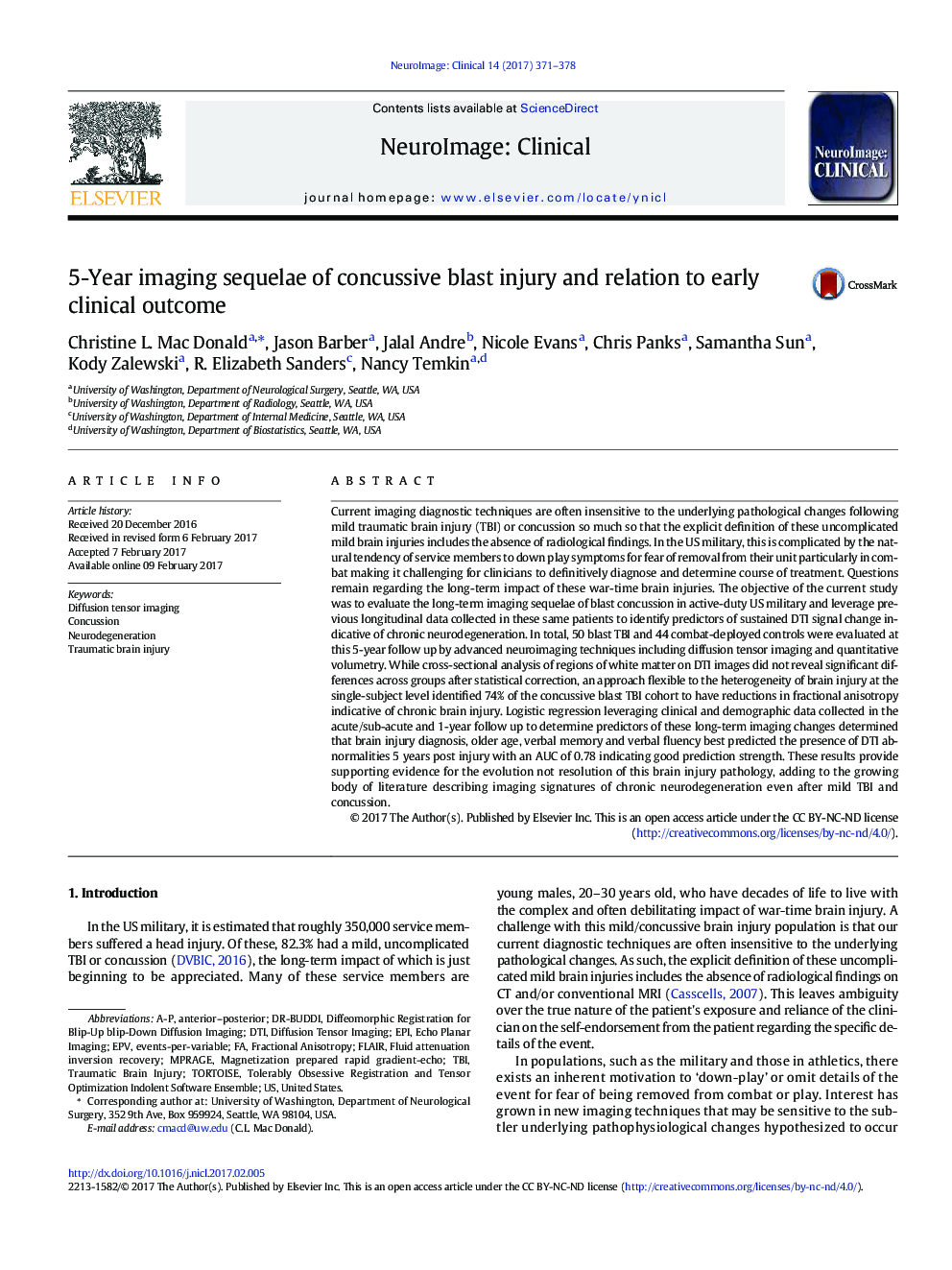 5-Year imaging sequelae of concussive blast injury and relation to early clinical outcome