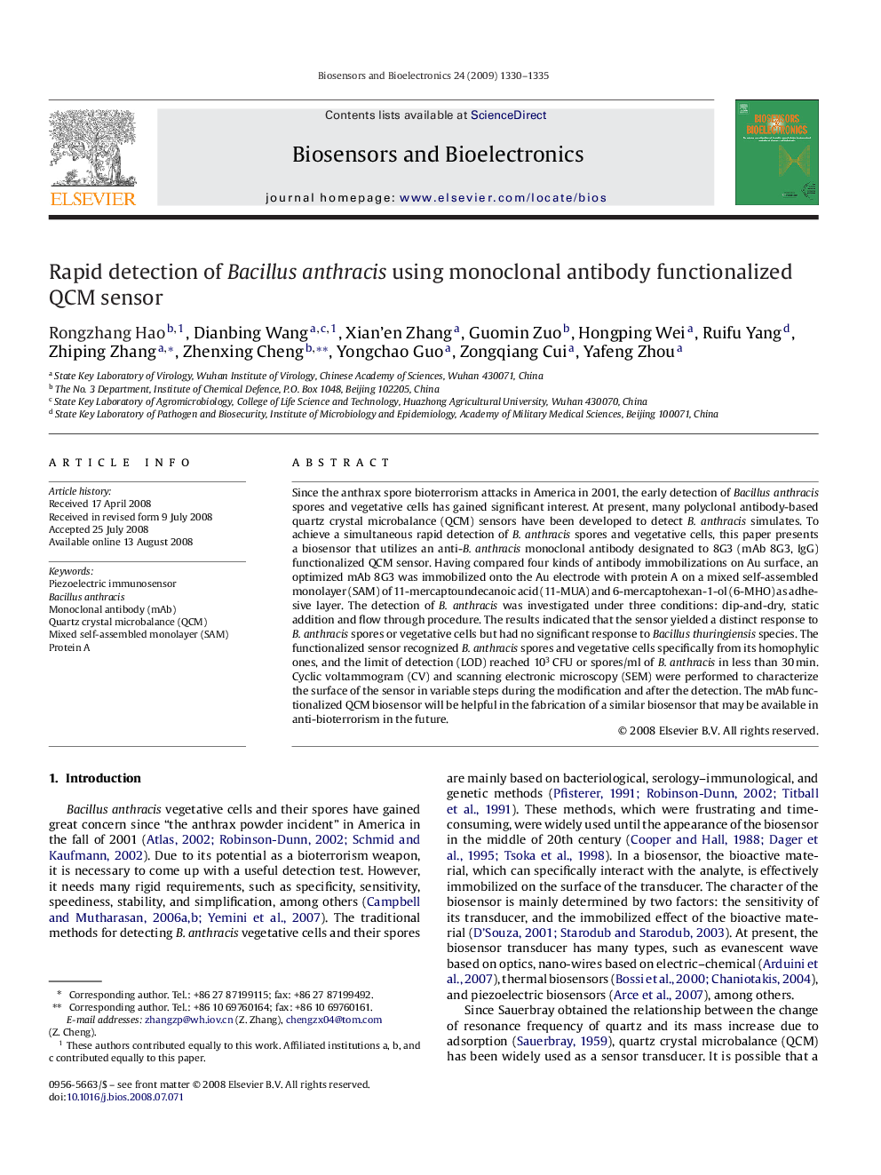 Rapid detection of Bacillus anthracis using monoclonal antibody functionalized QCM sensor