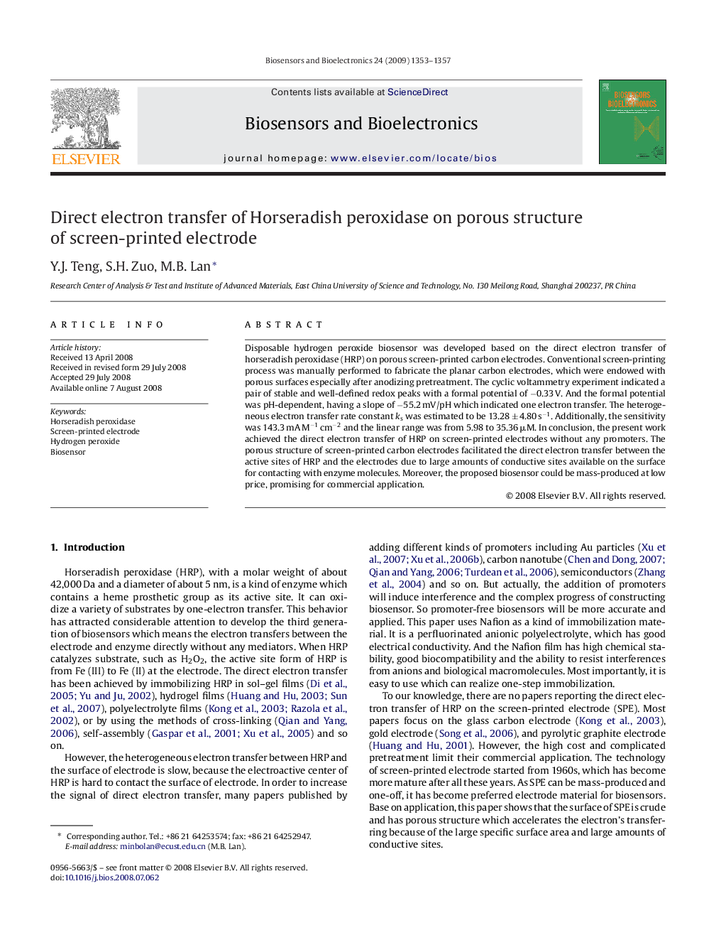 Direct electron transfer of Horseradish peroxidase on porous structure of screen-printed electrode