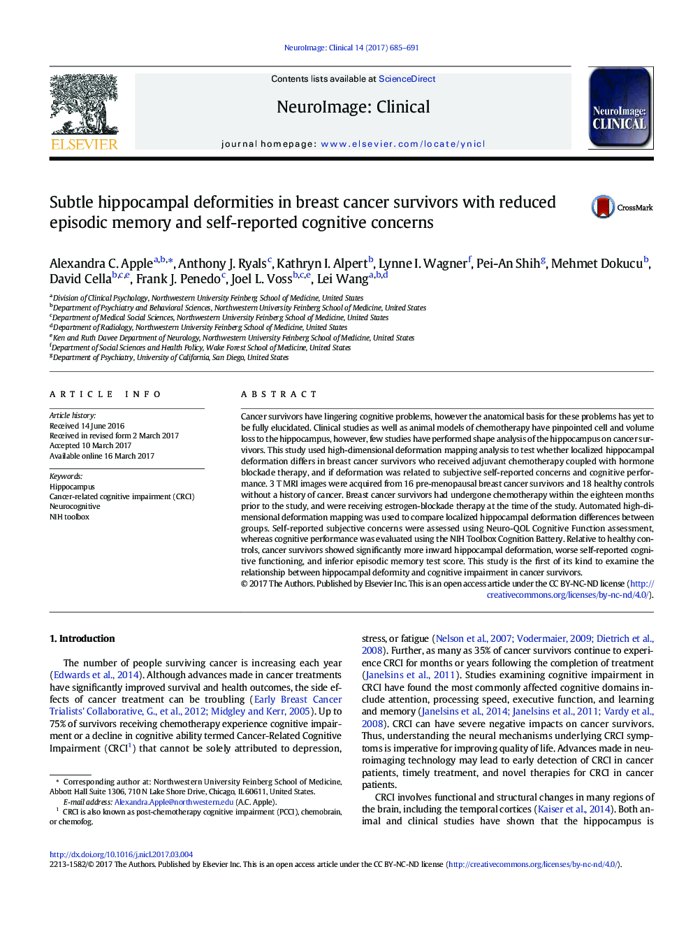 Subtle hippocampal deformities in breast cancer survivors with reduced episodic memory and self-reported cognitive concerns