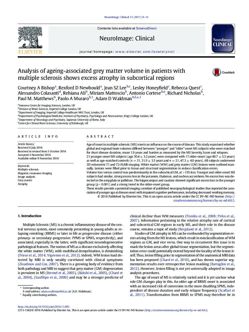 Analysis of ageing-associated grey matter volume in patients with multiple sclerosis shows excess atrophy in subcortical regions