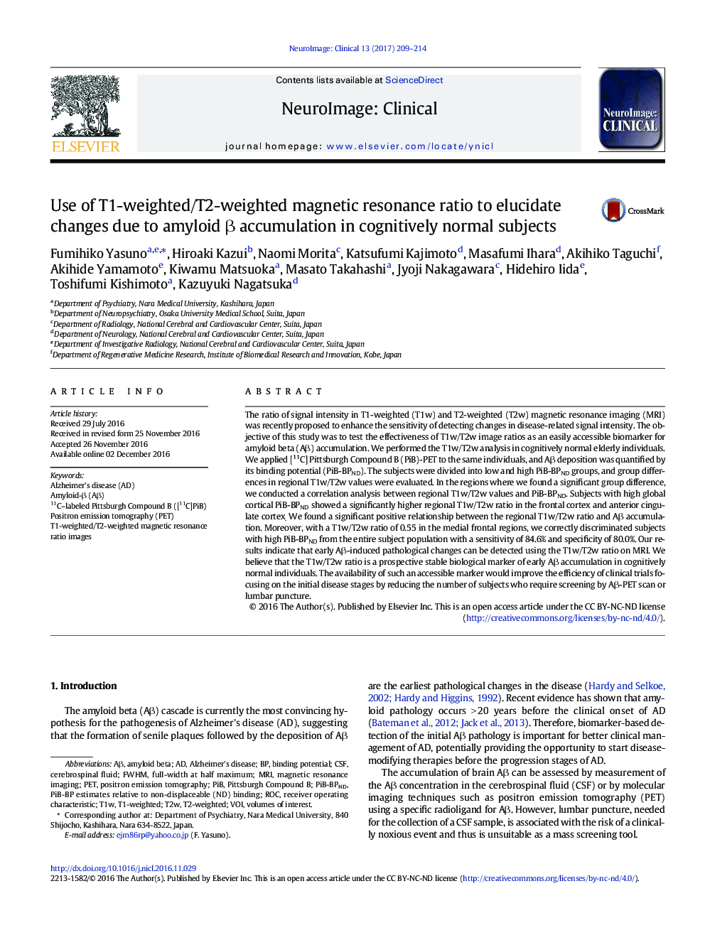 Use of T1-weighted/T2-weighted magnetic resonance ratio to elucidate changes due to amyloid Î² accumulation in cognitively normal subjects