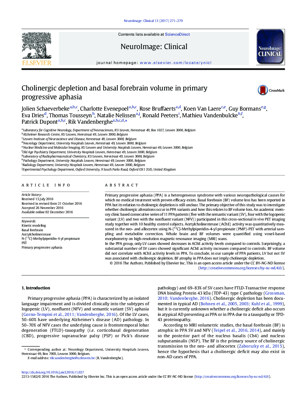 Cholinergic depletion and basal forebrain volume in primary progressive aphasia