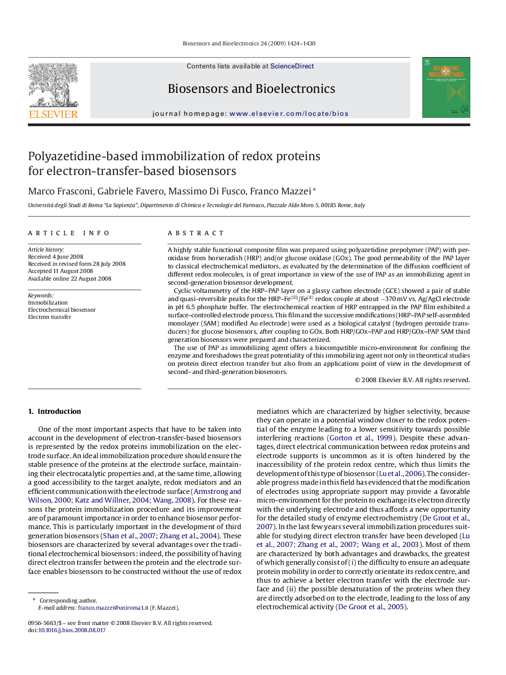 Polyazetidine-based immobilization of redox proteins for electron-transfer-based biosensors