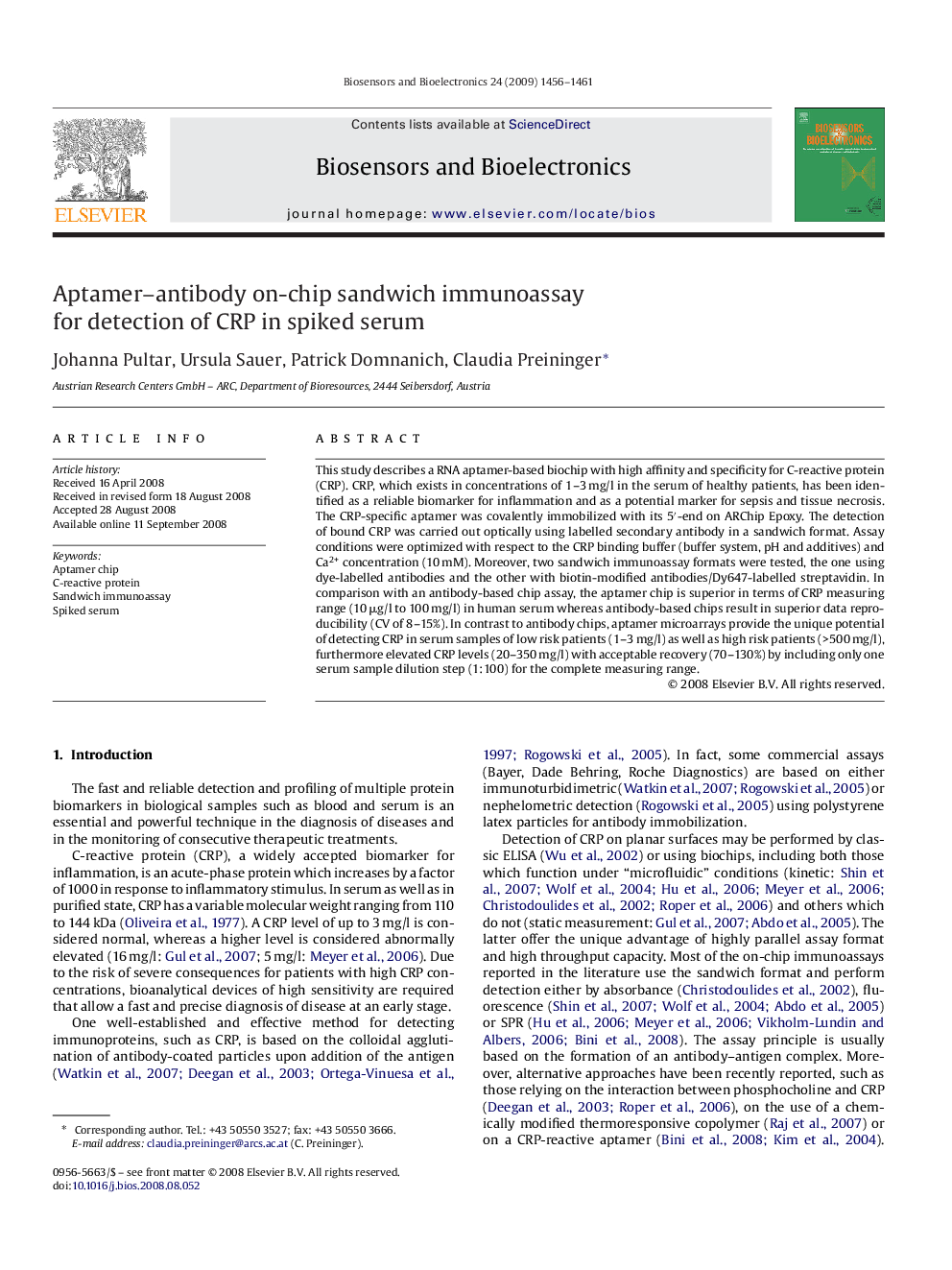 Aptamer–antibody on-chip sandwich immunoassay for detection of CRP in spiked serum