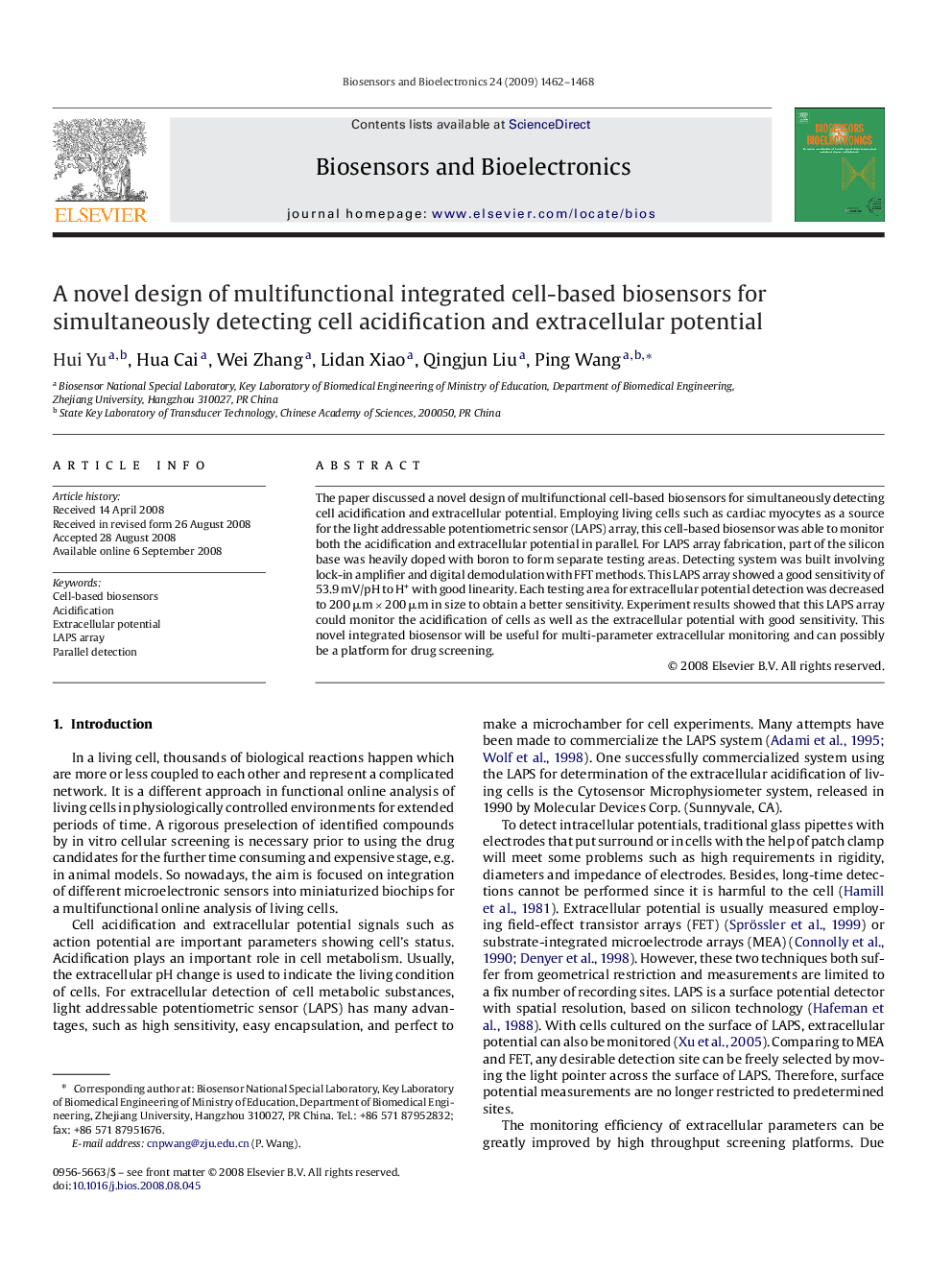 A novel design of multifunctional integrated cell-based biosensors for simultaneously detecting cell acidification and extracellular potential