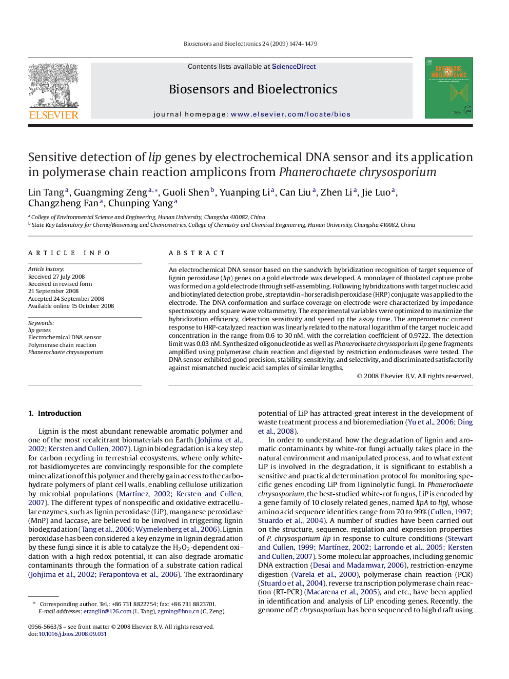 Sensitive detection of lip genes by electrochemical DNA sensor and its application in polymerase chain reaction amplicons from Phanerochaete chrysosporium