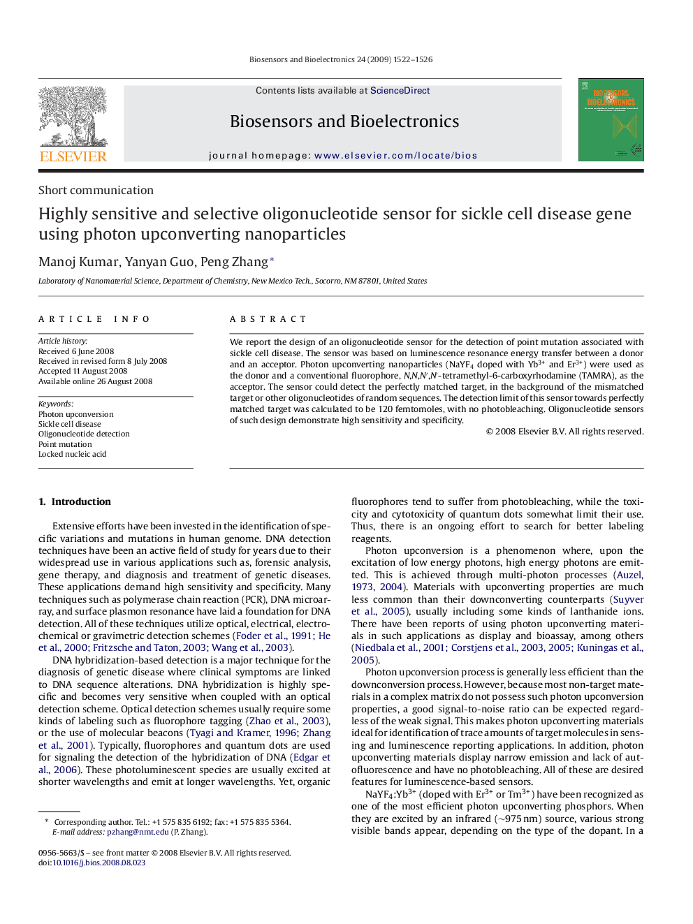 Highly sensitive and selective oligonucleotide sensor for sickle cell disease gene using photon upconverting nanoparticles