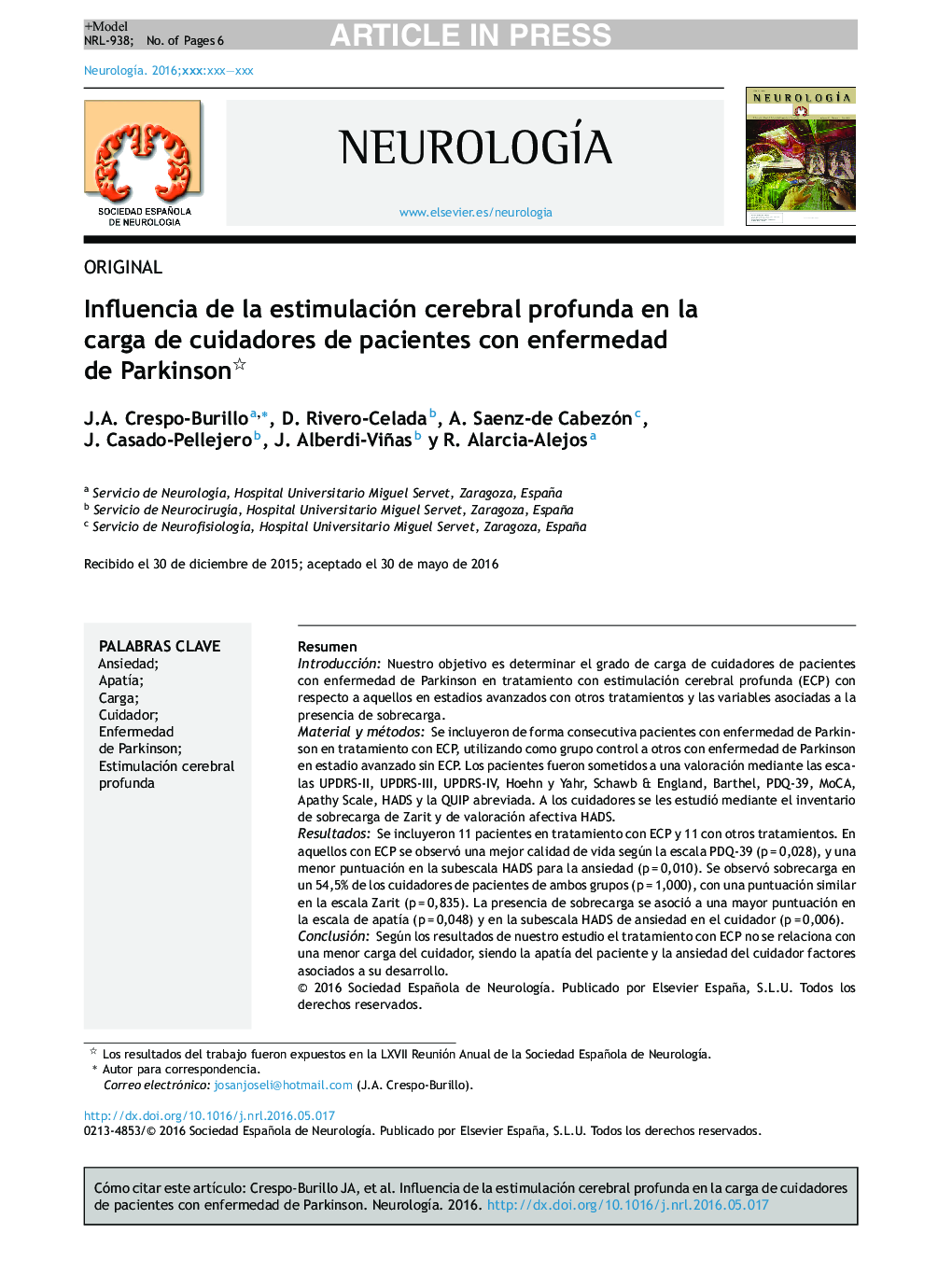 Influencia de la estimulación cerebral profunda en la carga de cuidadores de pacientes con enfermedad de Parkinson