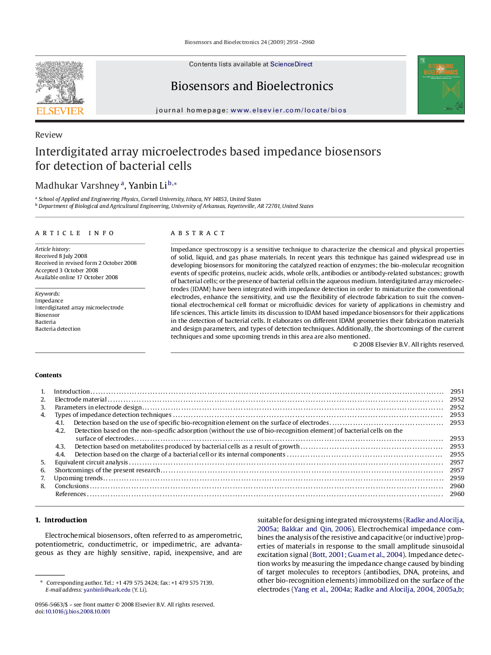 Interdigitated array microelectrodes based impedance biosensors for detection of bacterial cells