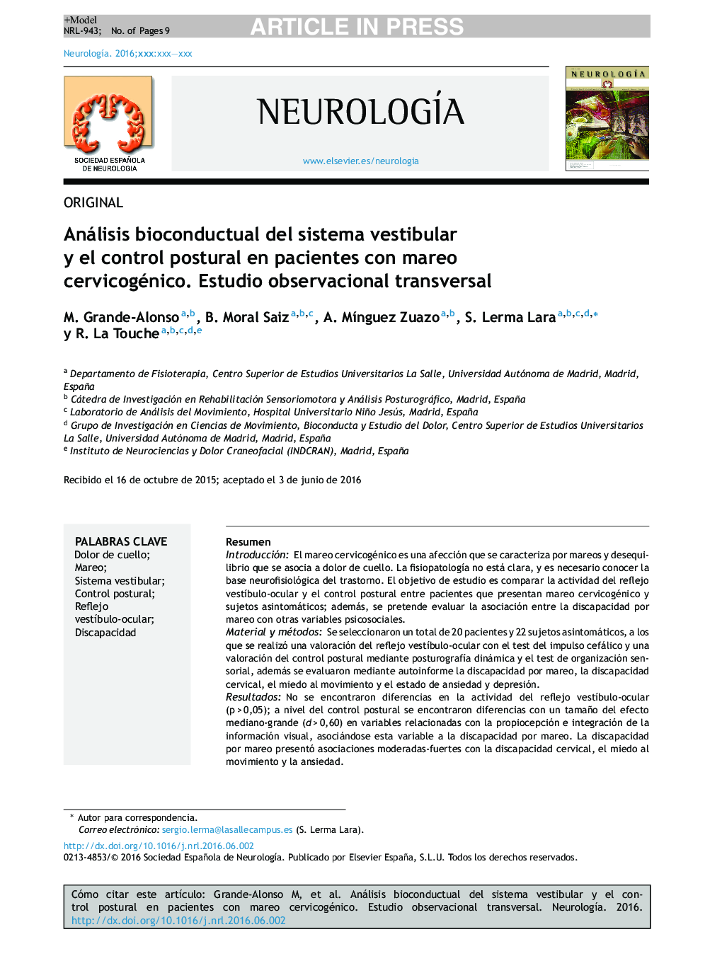 Análisis bioconductual del sistema vestibular y el control postural en pacientes con mareo cervicogénico. Estudio observacional transversal