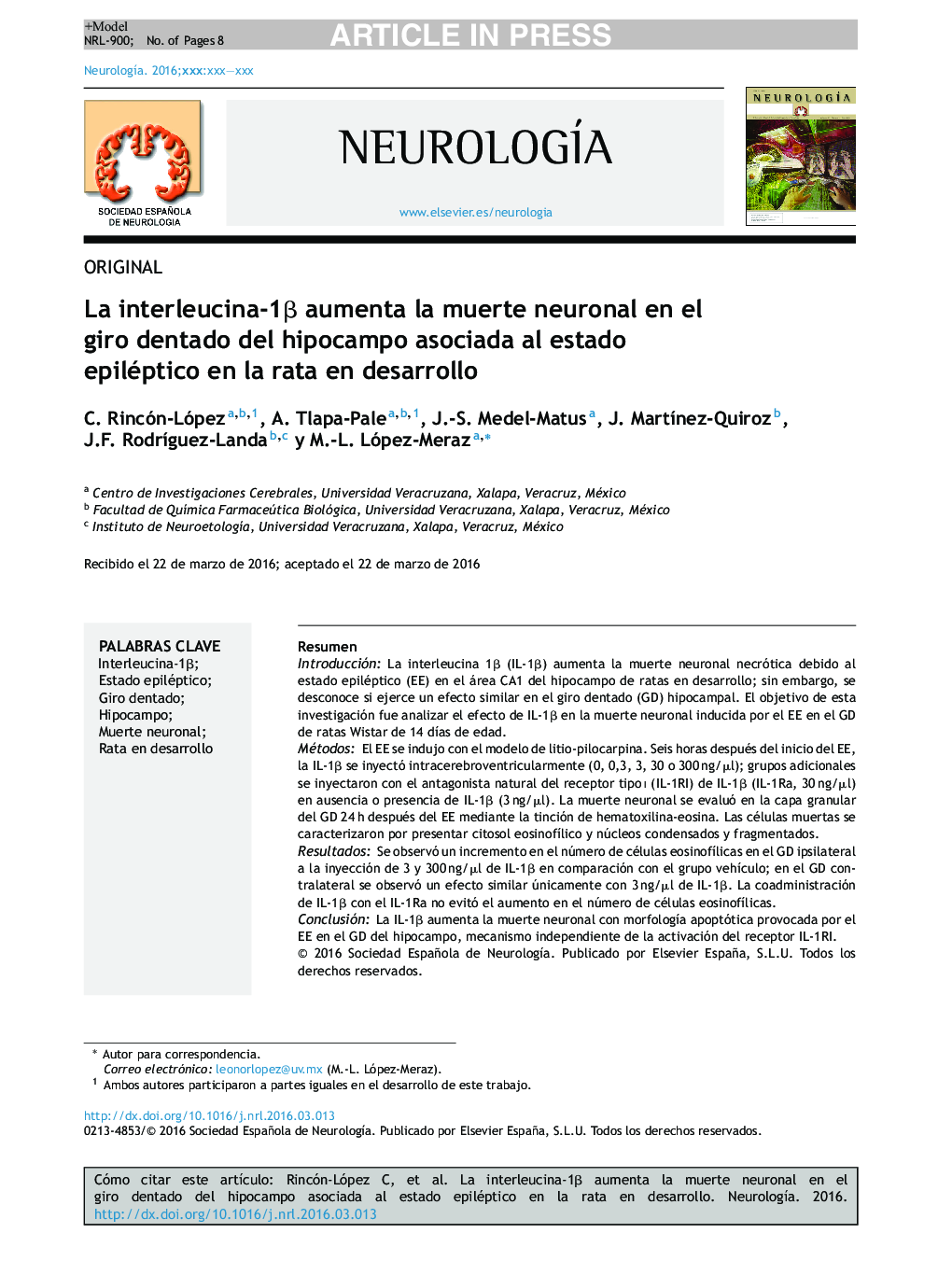 La interleucina-1Î² aumenta la muerte neuronal en el giro dentado del hipocampo asociada al estado epiléptico en la rata en desarrollo