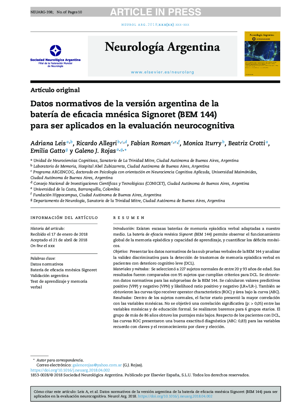 Datos normativos de la versión argentina de la baterÃ­a de eficacia mnésica Signoret (BEM 144) para ser aplicados en la evaluación neurocognitiva