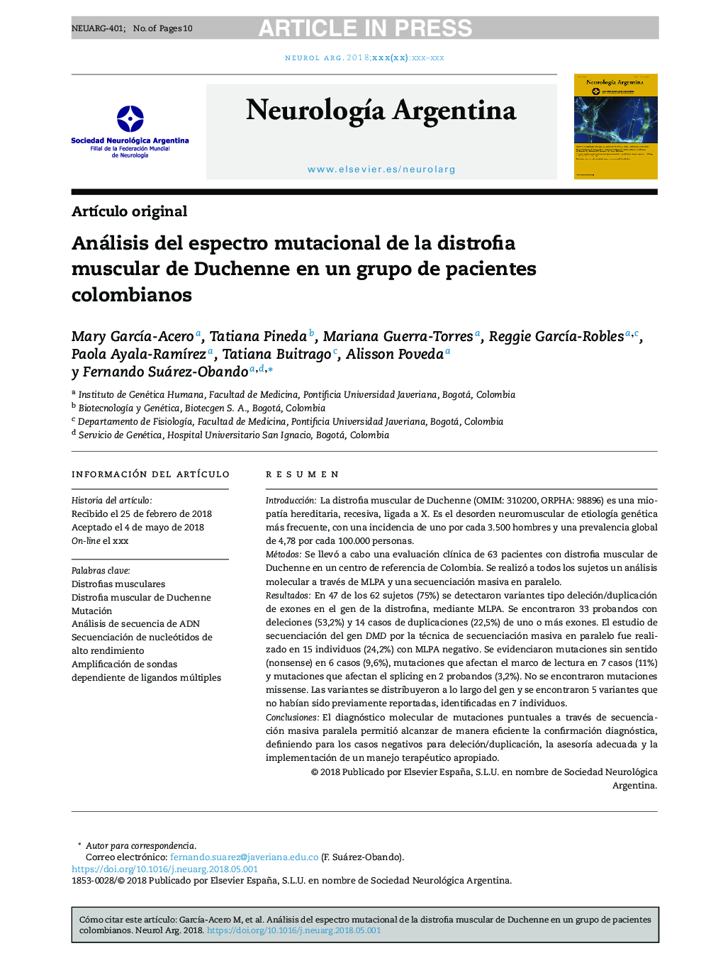 Análisis del espectro mutacional de la distrofia muscular de Duchenne en un grupo de pacientes colombianos