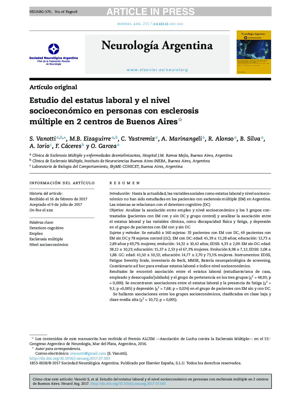 Estudio del estatus laboral y el nivel socioeconómico en personas con esclerosis múltiple en 2 centros de Buenos Aires