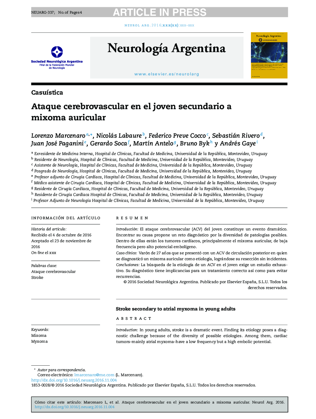 Ataque cerebrovascular en el joven secundario a mixoma auricular