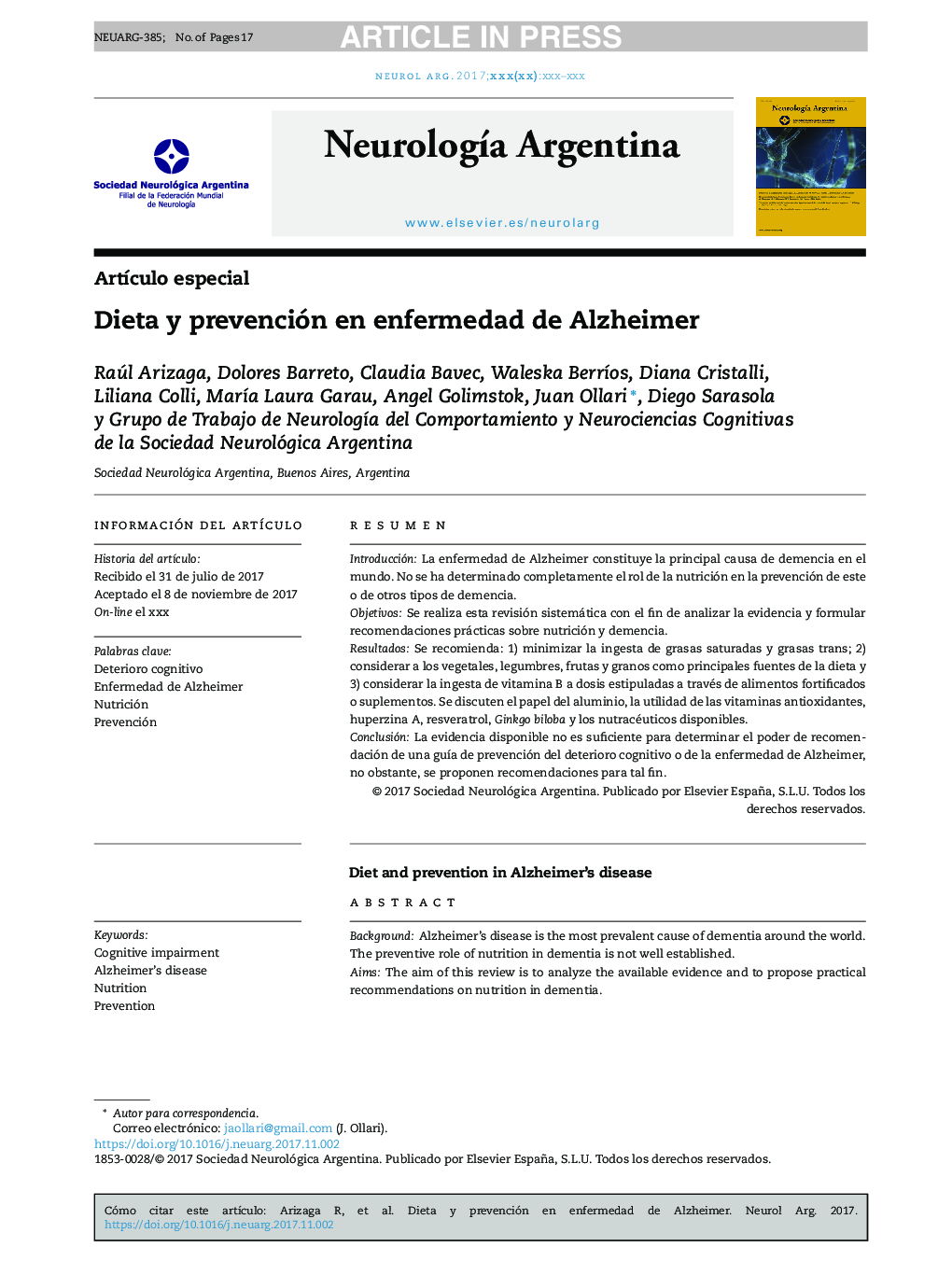 Dieta y prevención en enfermedad de Alzheimer