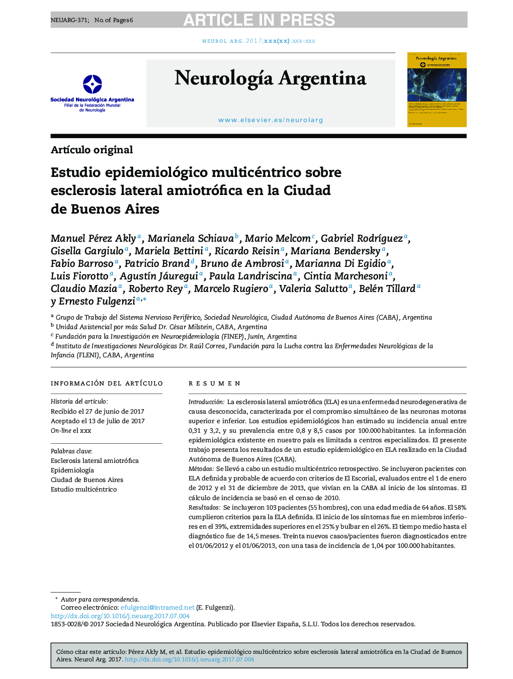 Estudio epidemiológico multicéntrico sobre esclerosis lateral amiotrófica en la Ciudad de Buenos Aires