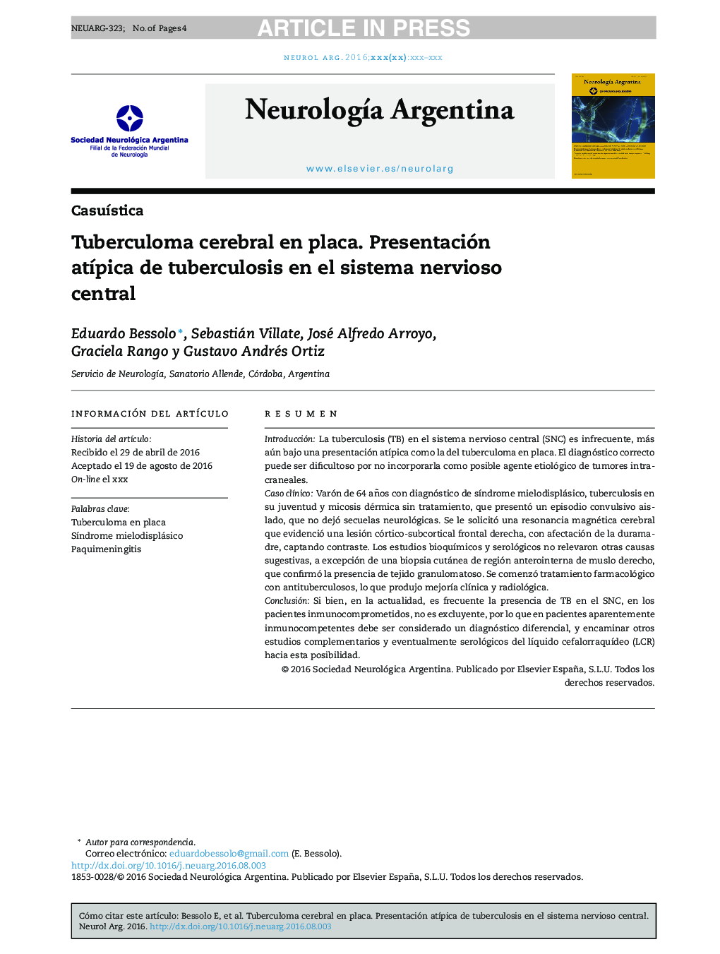 Tuberculoma cerebral en placa. Presentación atÃ­pica de tuberculosis en el sistema nervioso central