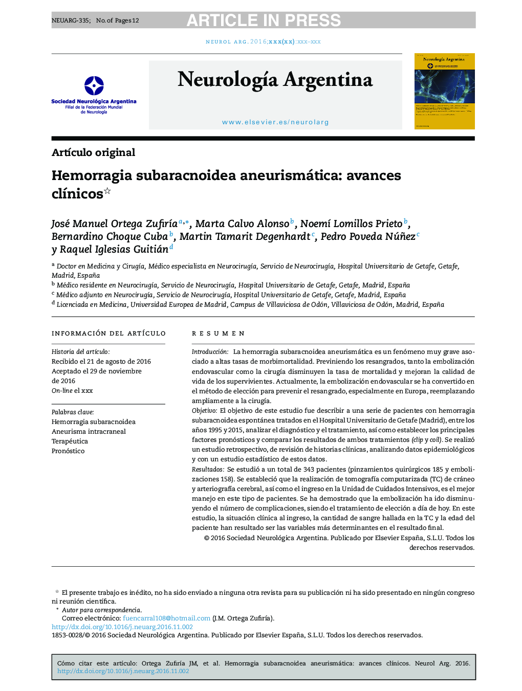 Hemorragia subaracnoidea aneurismática: avances clÃ­nicos