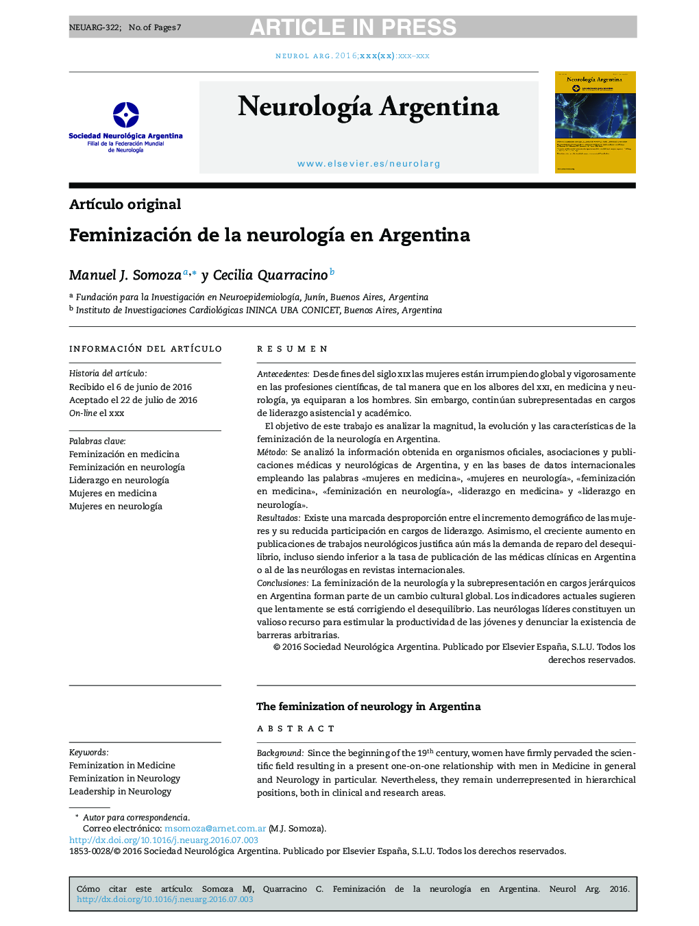 Feminización de la neurologÃ­a en Argentina