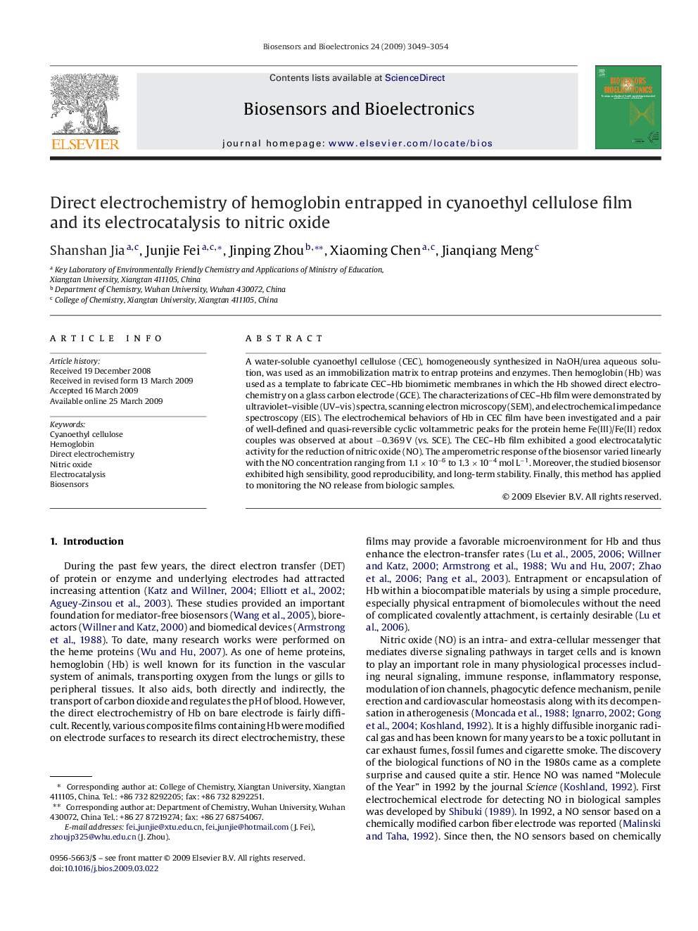 Direct electrochemistry of hemoglobin entrapped in cyanoethyl cellulose film and its electrocatalysis to nitric oxide