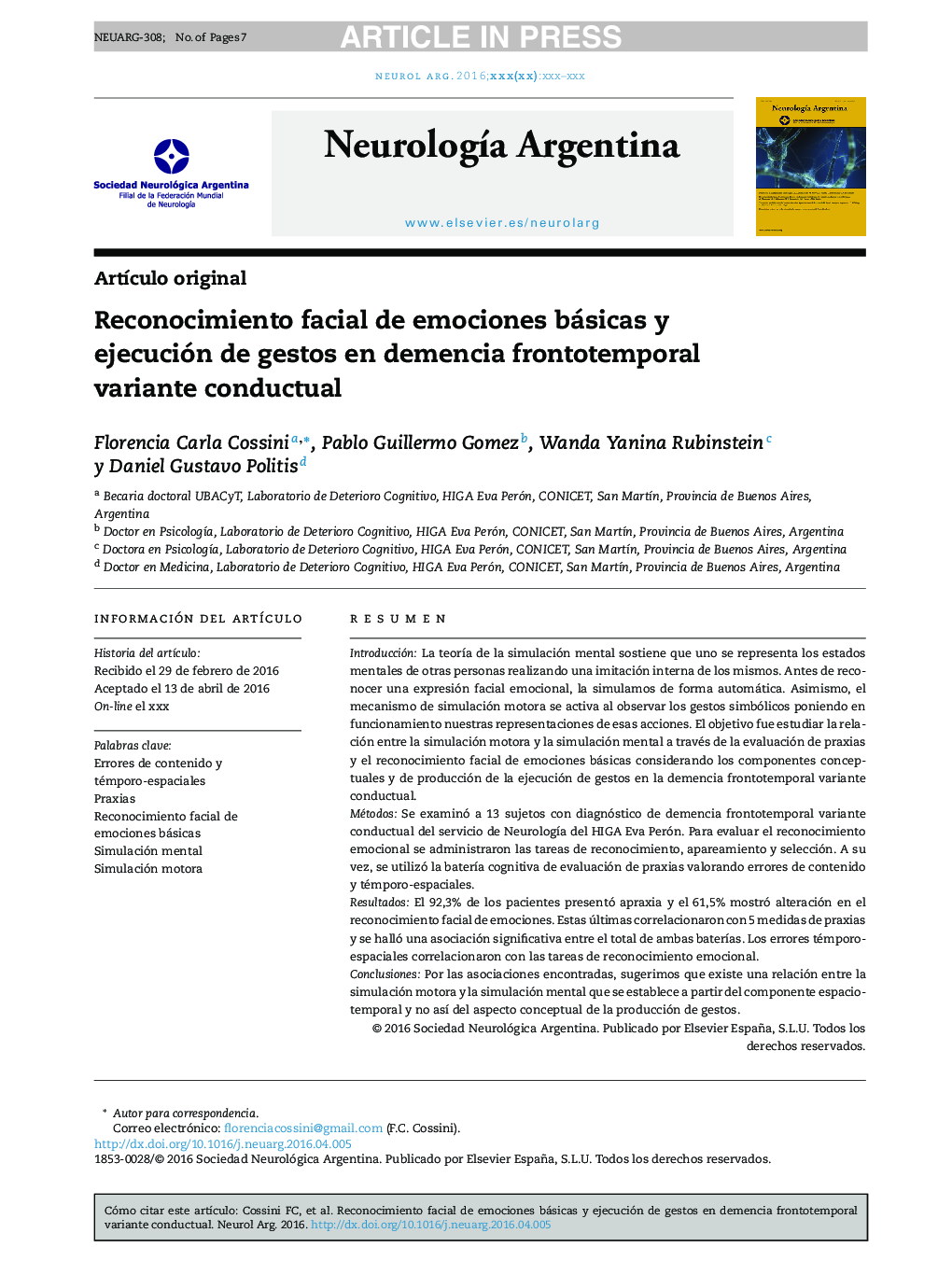Reconocimiento facial de emociones básicas y ejecución de gestos en demencia frontotemporal variante conductual