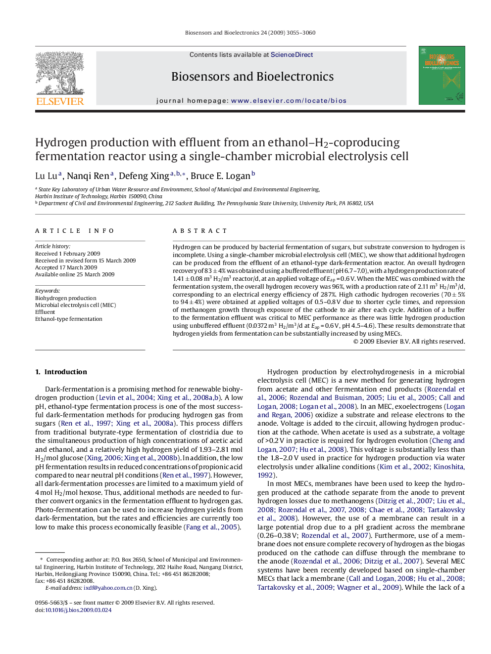 Hydrogen production with effluent from an ethanol–H2-coproducing fermentation reactor using a single-chamber microbial electrolysis cell