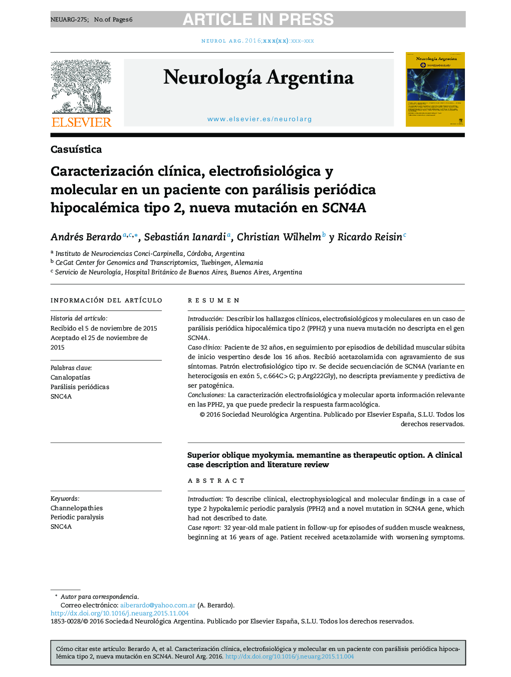 Caracterización clÃ­nica, electrofisiológica y molecular en un paciente con parálisis periódica hipocalémica tipo 2, nueva mutación en SCN4A