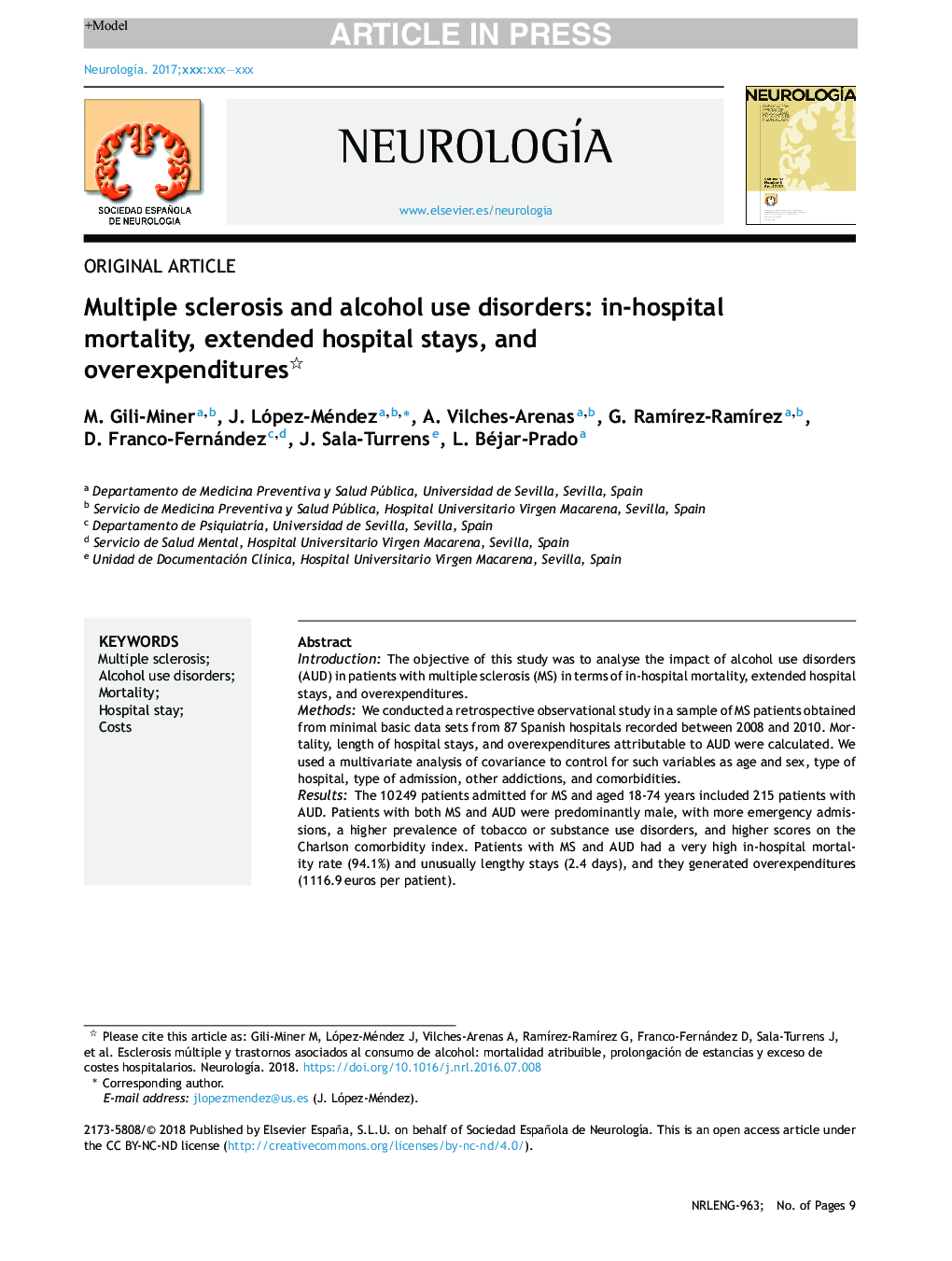 بیماری های مولتیپل اسکلروزیس و مصرف الکل: مرگ و میر در بیمارستان، بیمارستان طولانی مدت و هزینه های اضافی 