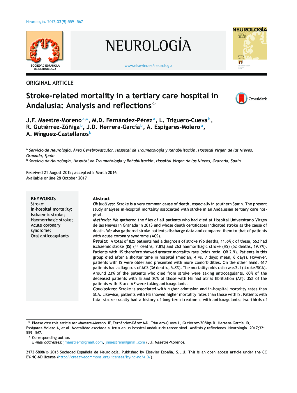 Stroke-related mortality in a tertiary care hospital in Andalusia: Analysis and reflections