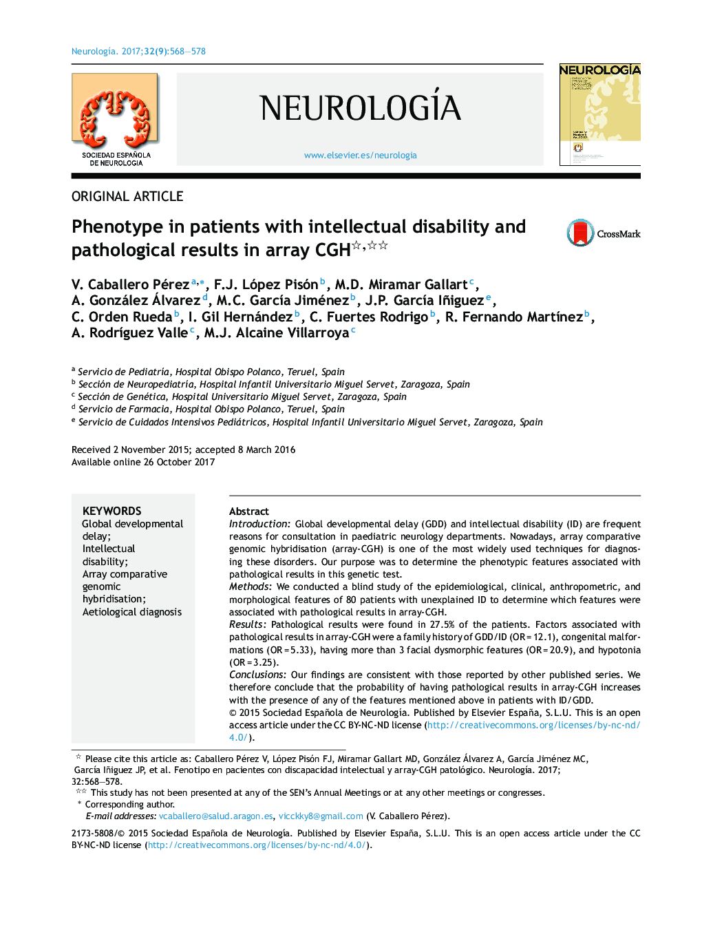 عکس صفحه اول مقاله: Phenotype in patients with intellectual disability and pathological results in array CGH Phenotype in patients with intellectual disability and pathological results in array CGH