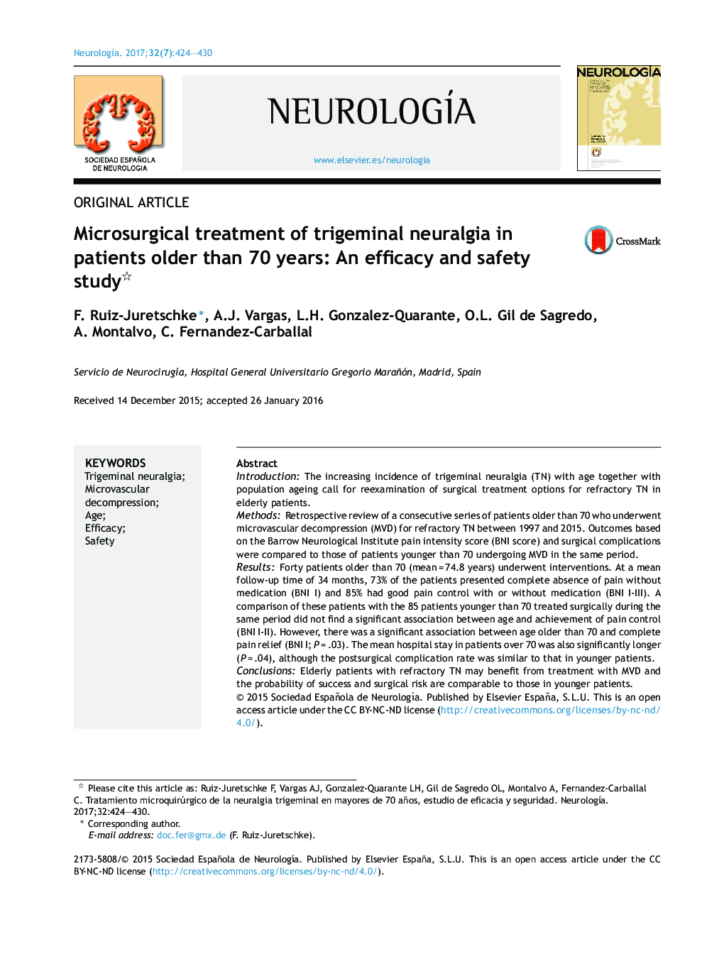 Microsurgical treatment of trigeminal neuralgia in patients older than 70 years: An efficacy and safety study