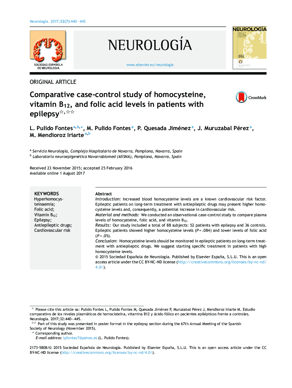 Comparative case-control study of homocysteine, vitamin B12, and folic acid levels in patients with epilepsy