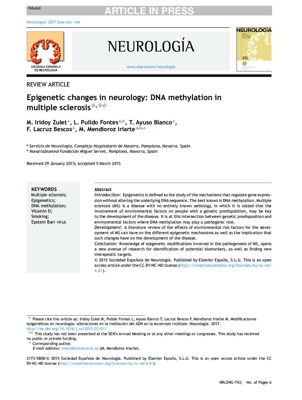 Epigenetic changes in neurology: DNA methylation in multiple sclerosis