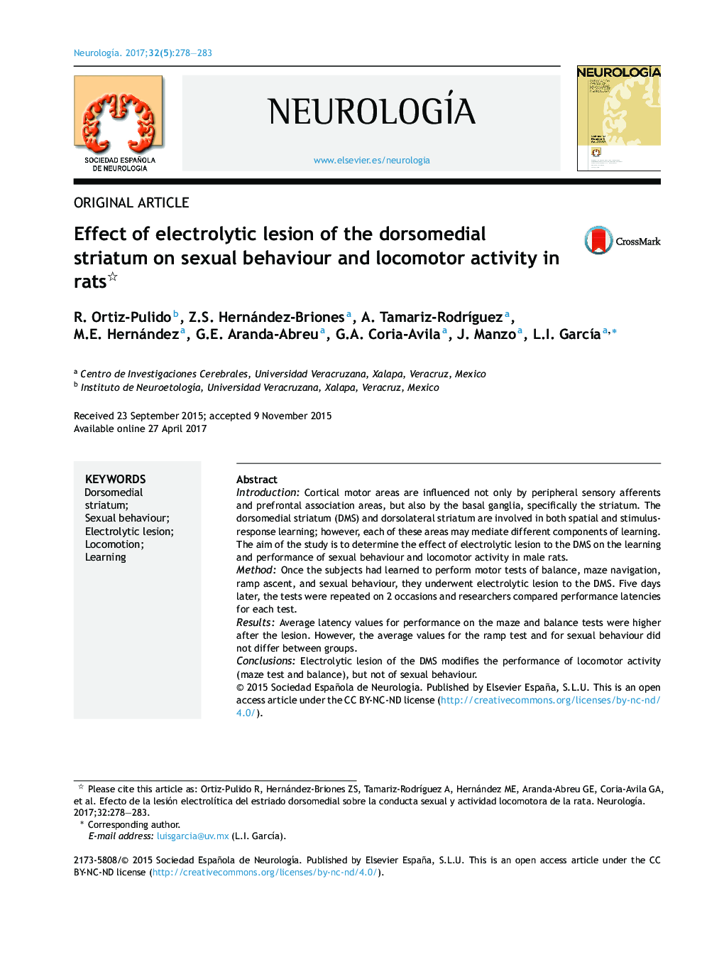 Effect of electrolytic lesion of the dorsomedial striatum on sexual behaviour and locomotor activity in rats