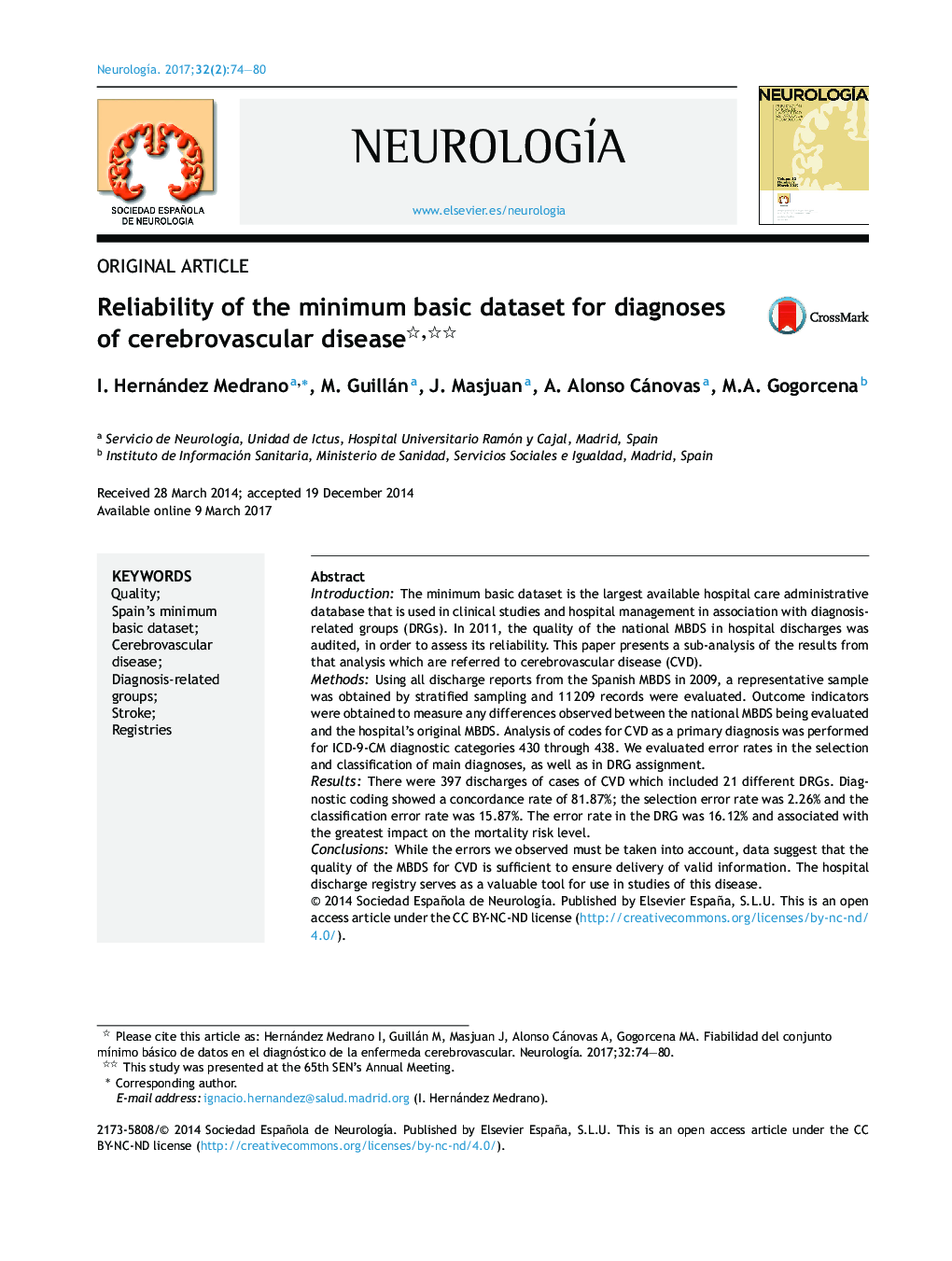 Reliability of the minimum basic dataset for diagnoses of cerebrovascular disease