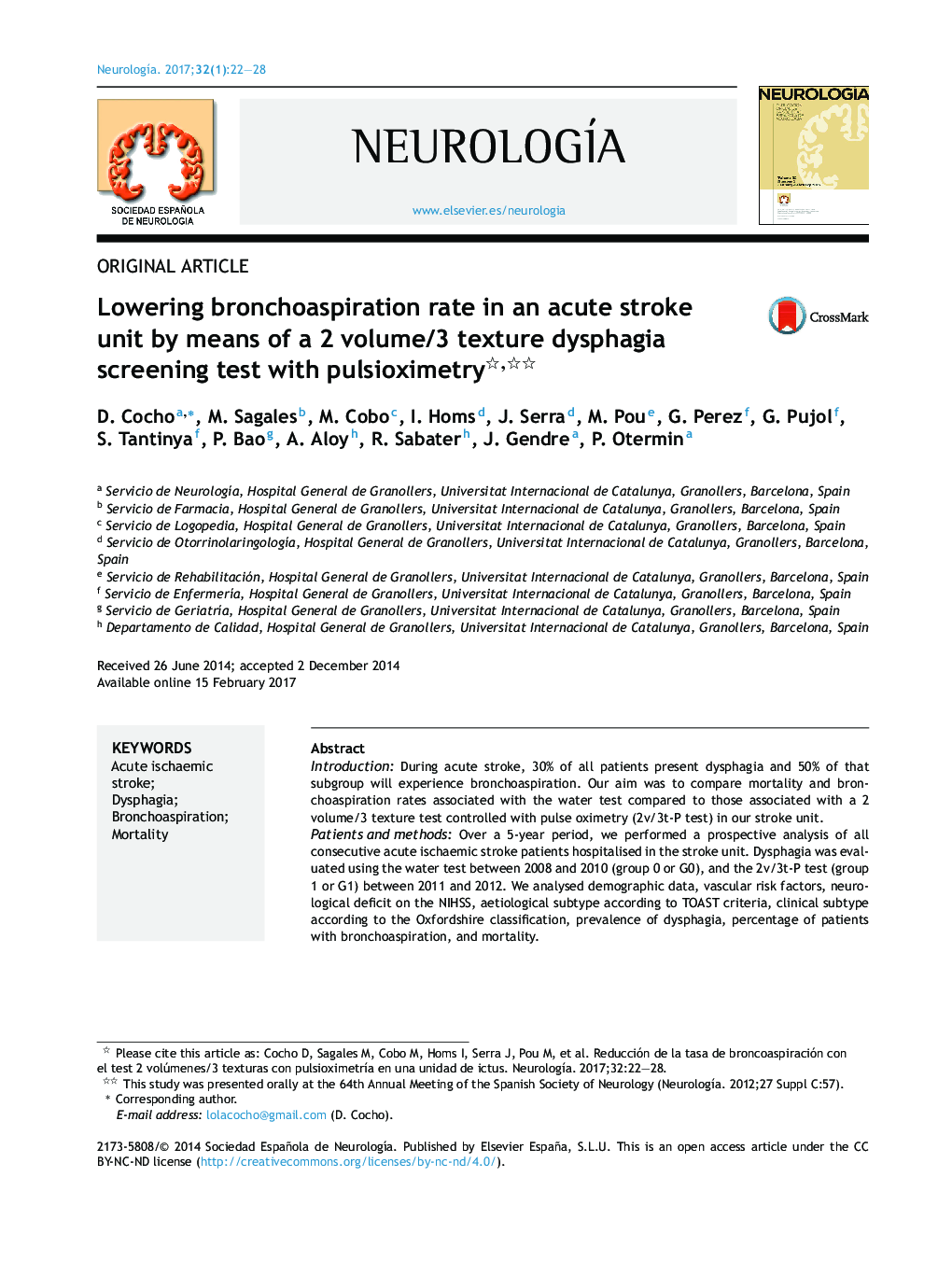 Lowering bronchoaspiration rate in an acute stroke unit by means of a 2 volume/3 texture dysphagia screening test with pulsioximetry