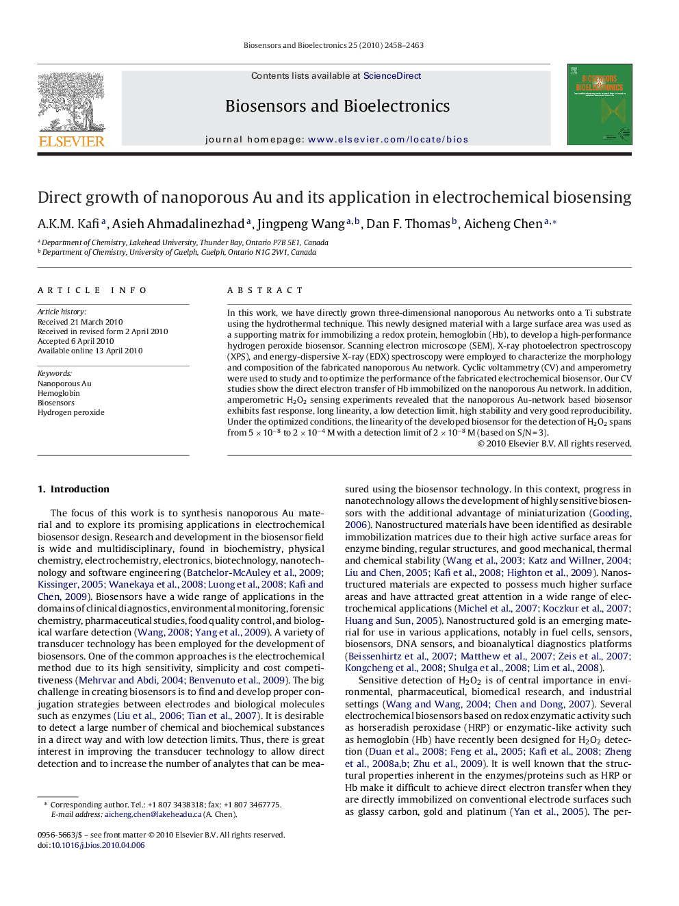 Direct growth of nanoporous Au and its application in electrochemical biosensing