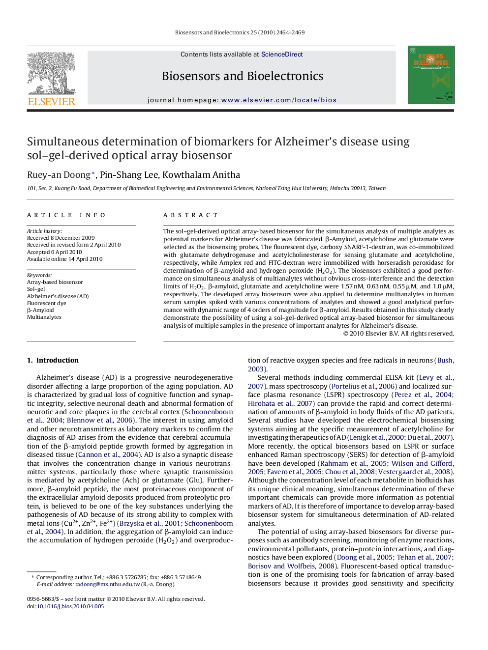 Simultaneous determination of biomarkers for Alzheimer's disease using sol–gel-derived optical array biosensor