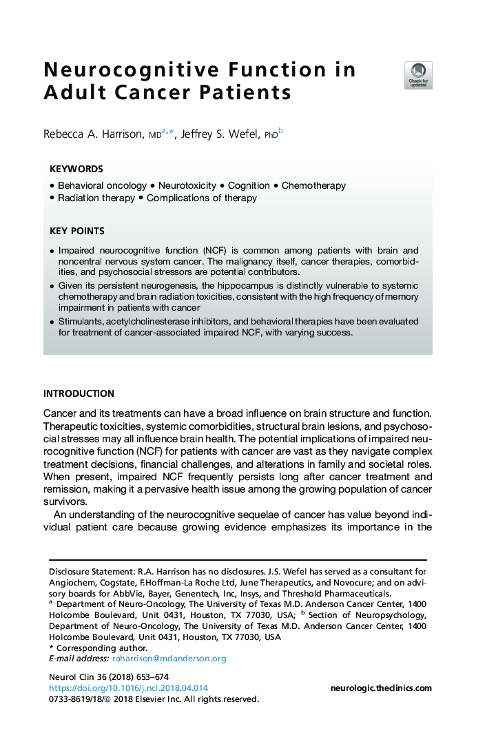 Neurocognitive Function in Adult Cancer Patients