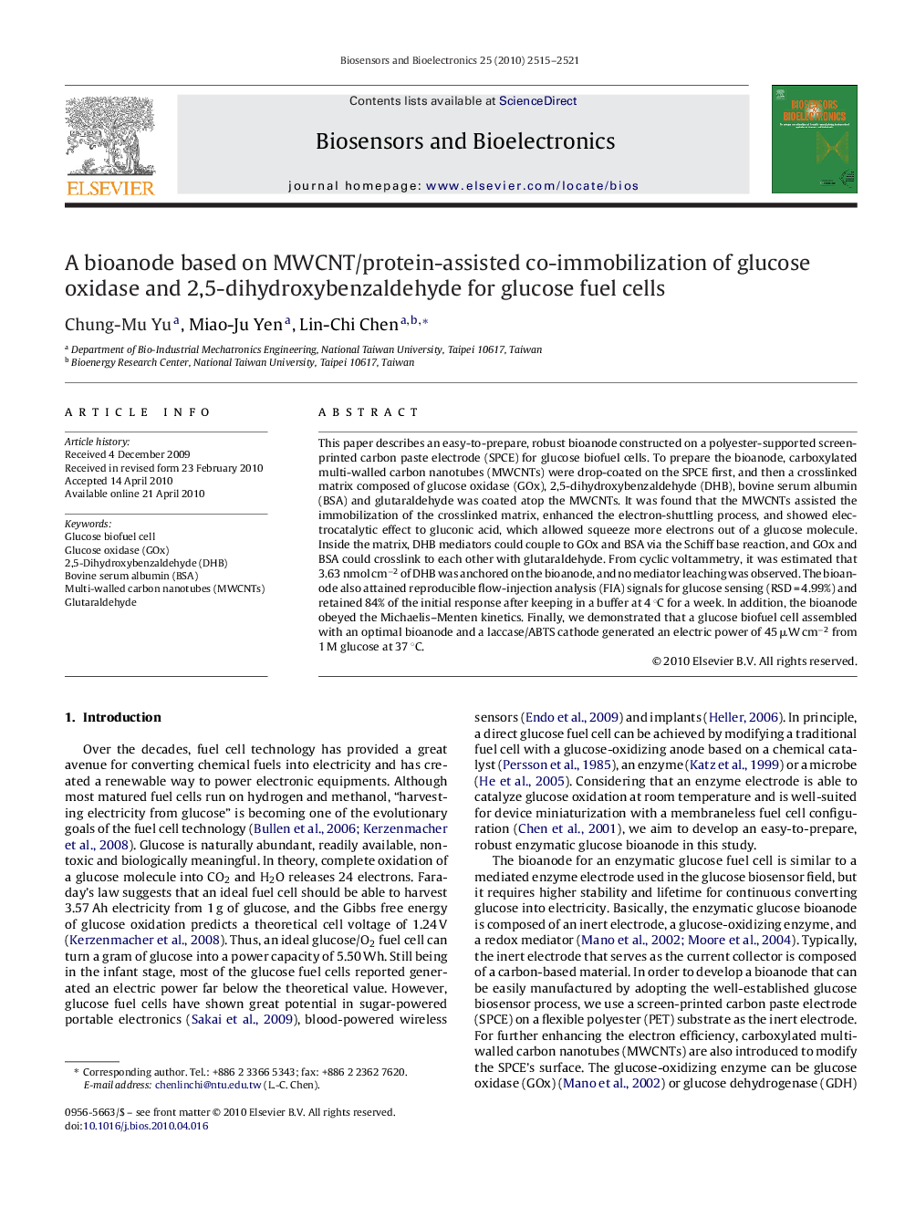 A bioanode based on MWCNT/protein-assisted co-immobilization of glucose oxidase and 2,5-dihydroxybenzaldehyde for glucose fuel cells