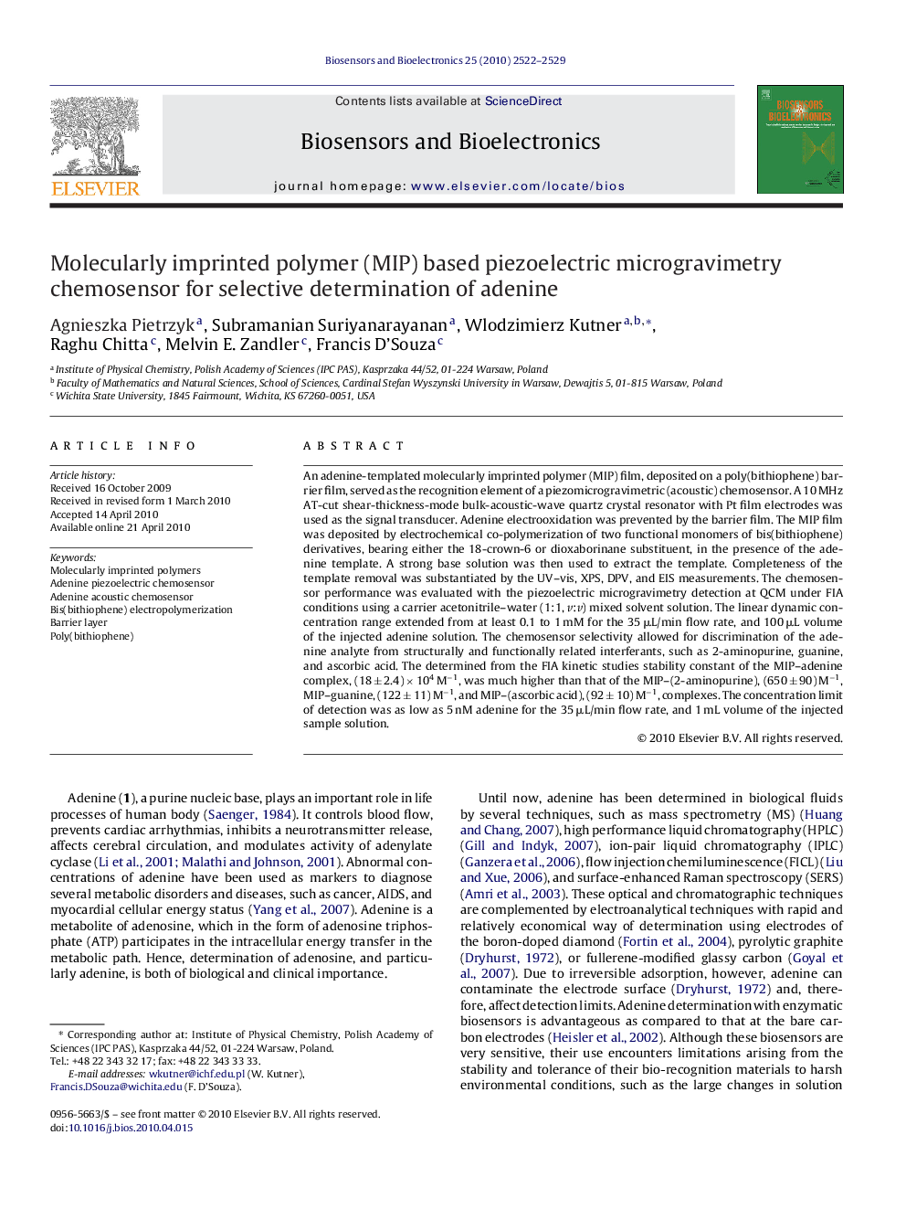 Molecularly imprinted polymer (MIP) based piezoelectric microgravimetry chemosensor for selective determination of adenine