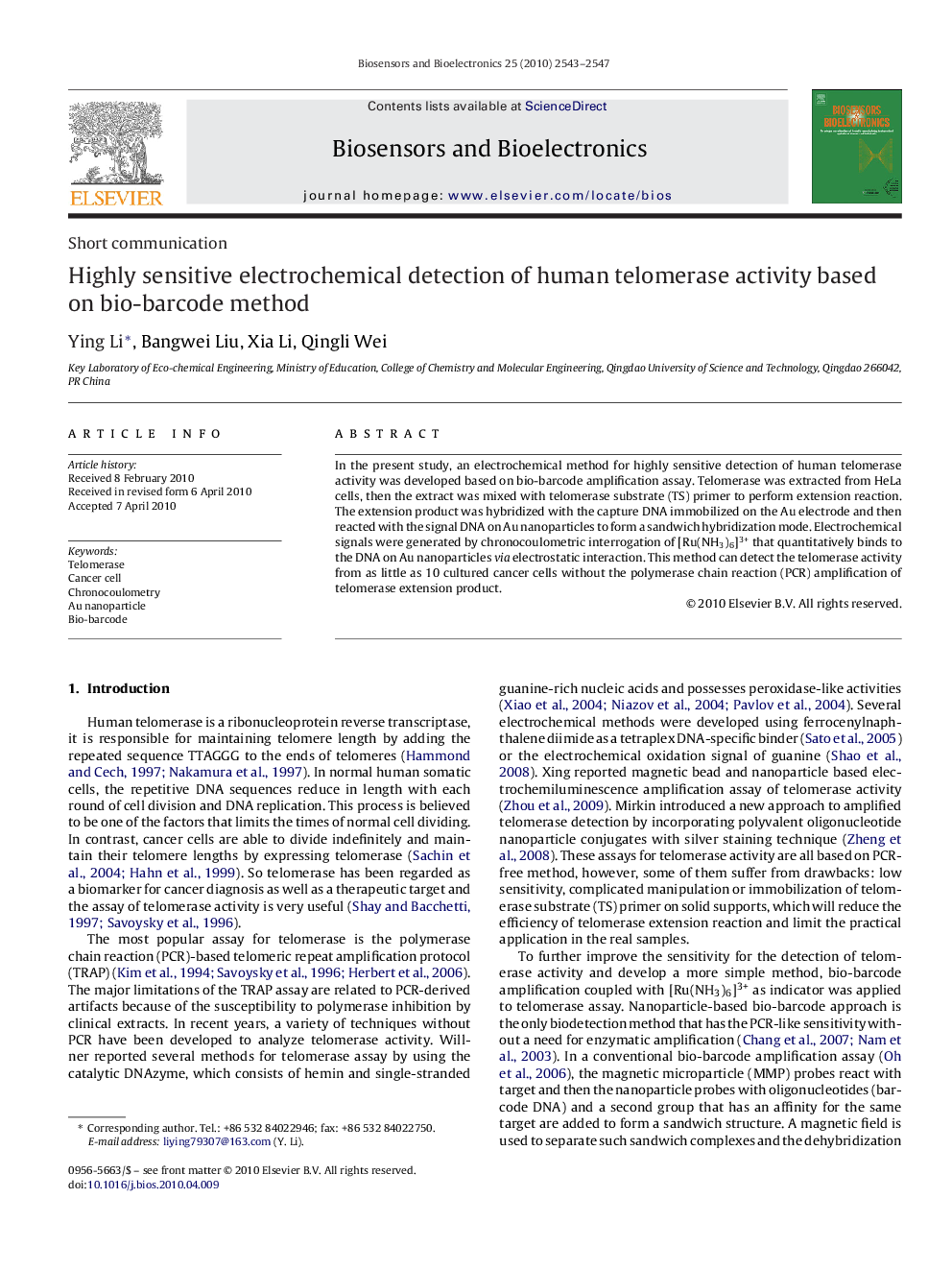 Highly sensitive electrochemical detection of human telomerase activity based on bio-barcode method